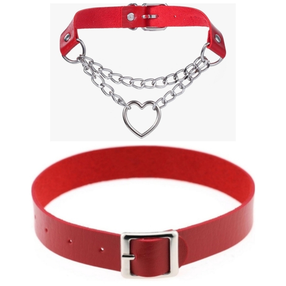 2 Red Leather Chain Link Heart & Buckle Choker Collar Punk Goth BDSM Ddlg Kawaii - Picture 1 of 8